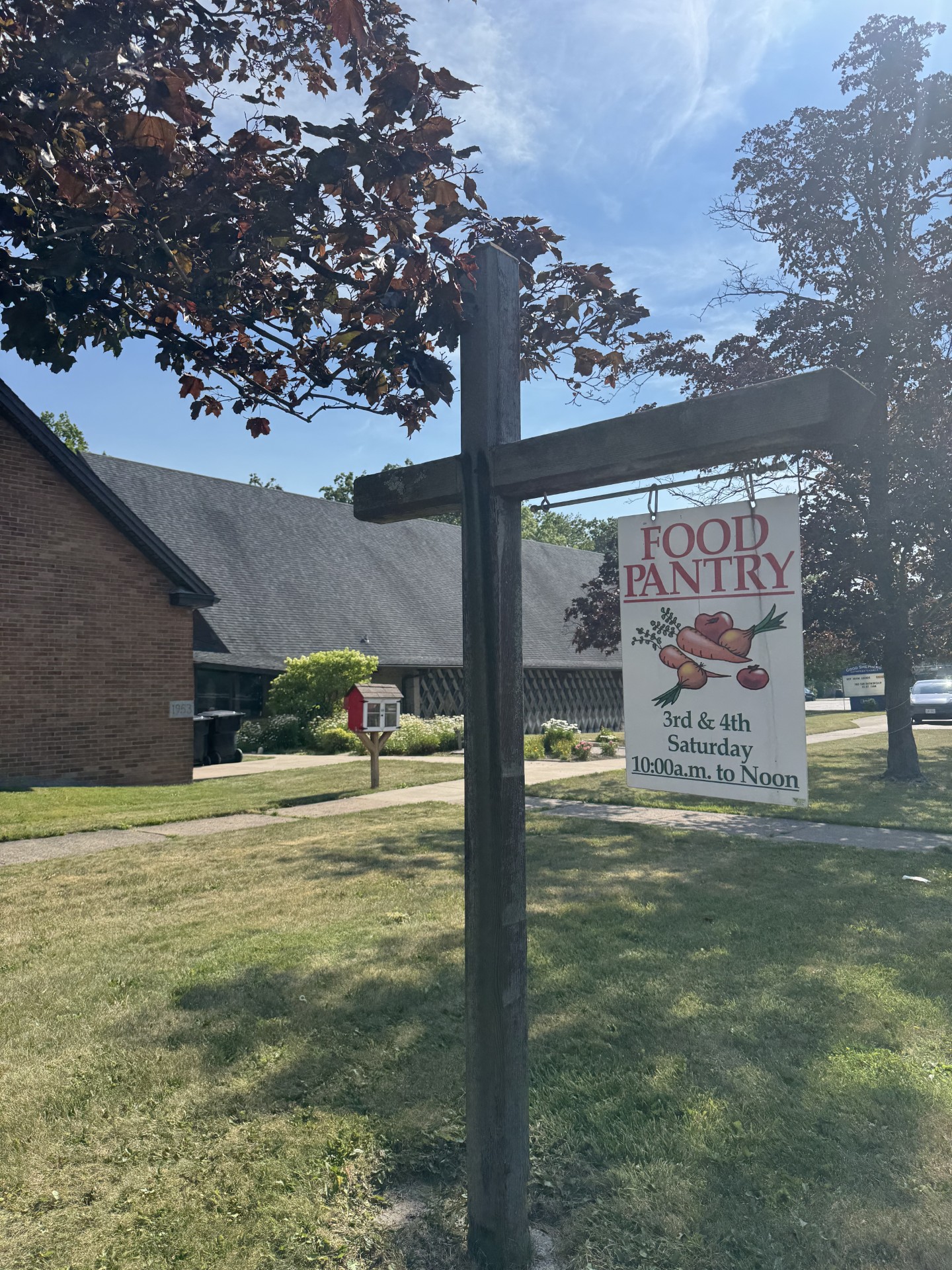 Good Shepherd Food Pantry sign at the church